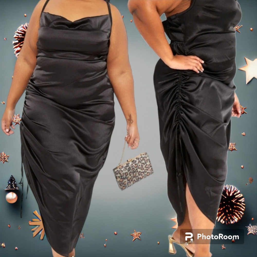 Stunning Satin slip cowl neck black dress. Adjustable straps. Size 14/16